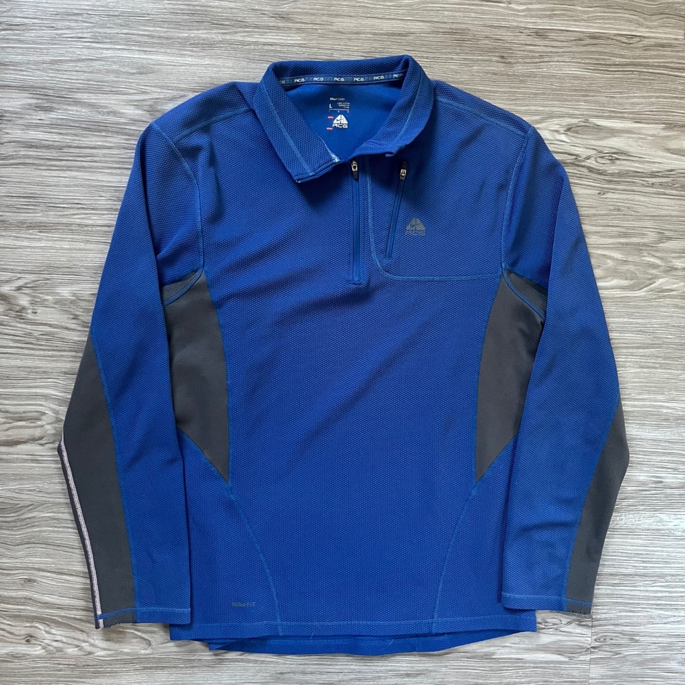 Nike ACG Fit Dry Mens Large Blue Grey Waffle Knit 1/4 Zip Pullover RN 104141